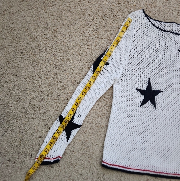 Crochet Open White Knit Blue Star Patchwork Long Sleeve Cover Up Top - Picture 8 of 8